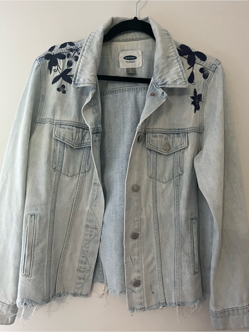 Old Navy Light Blue Denim Jacket with Navy Floral Embroidery
